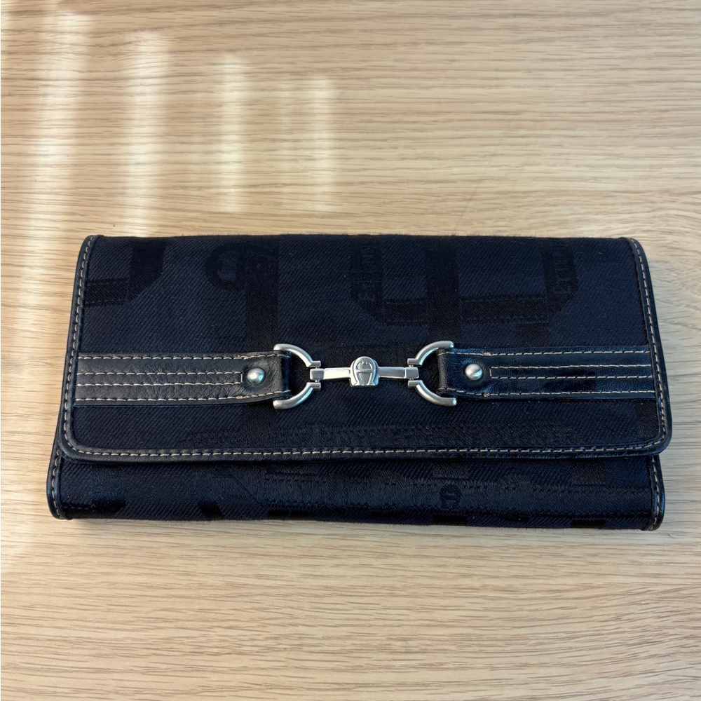 Etienne Aigner Black Monogram Canvas Trifold‎ Wallet Horsebit Hardware Silver